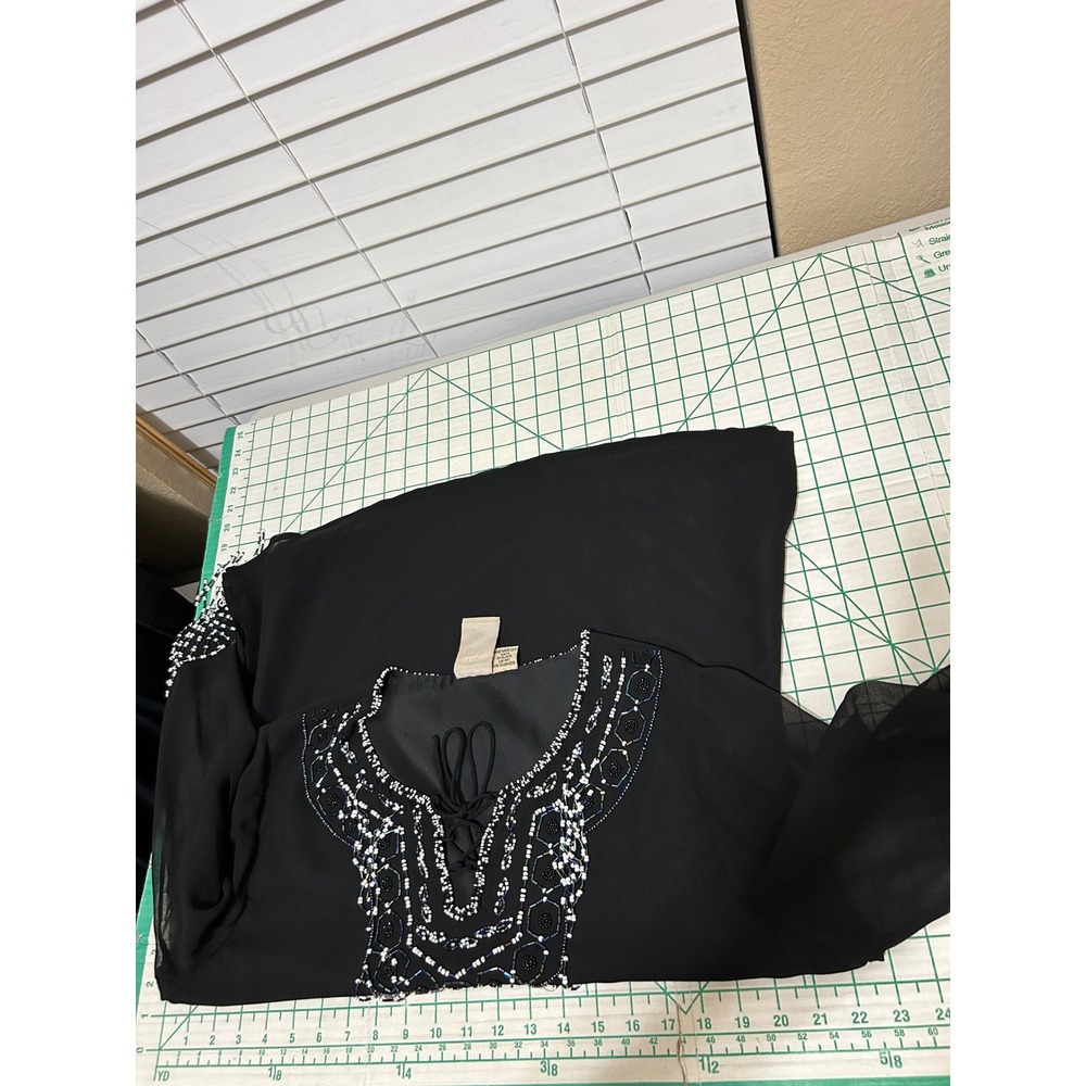 Anthony Original Tunic Top L Black Beaded Fringe Lace Up Chiffon Boho Festival - Picture 4 of 11